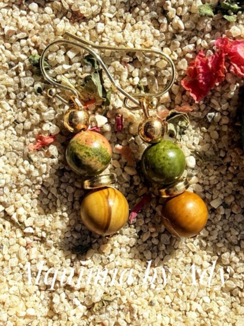 Handcrafted Green and Brown Bead Drop Earrings with Gold Accents